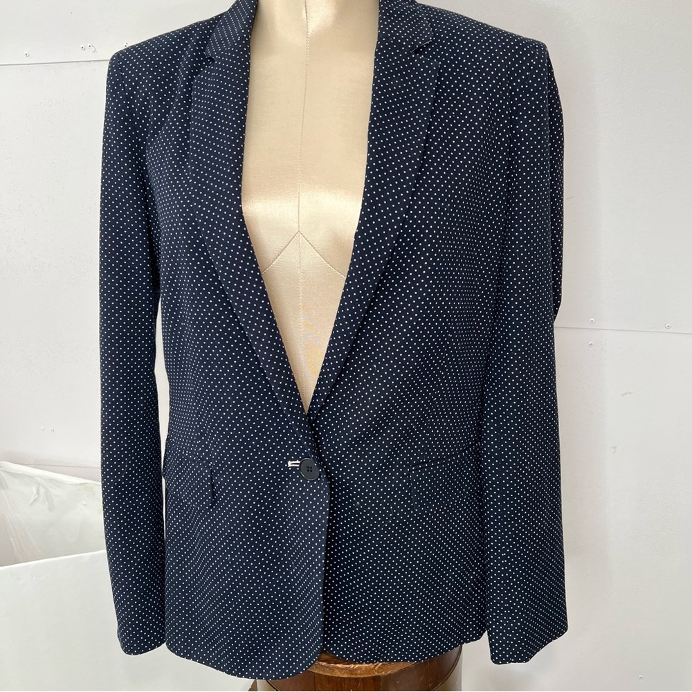 Jigsaw womens blazer career unstructured size 10 navy blue polka dot.